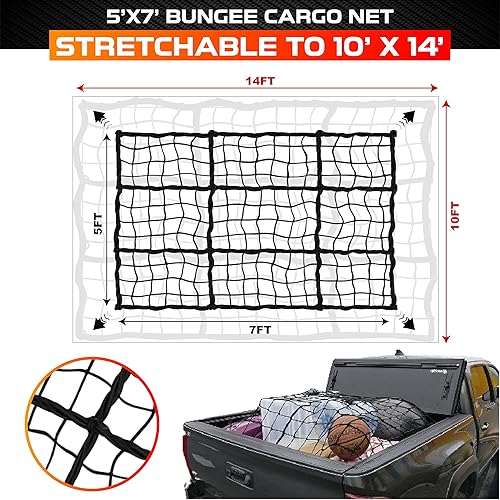Miniatura 9 de Premium Red de carga resistente de 4 x 6 pies que se estira hasta 8 x 12 pies, cable extra grueso de 0.394 pulgadas para cama de camioneta, red de
