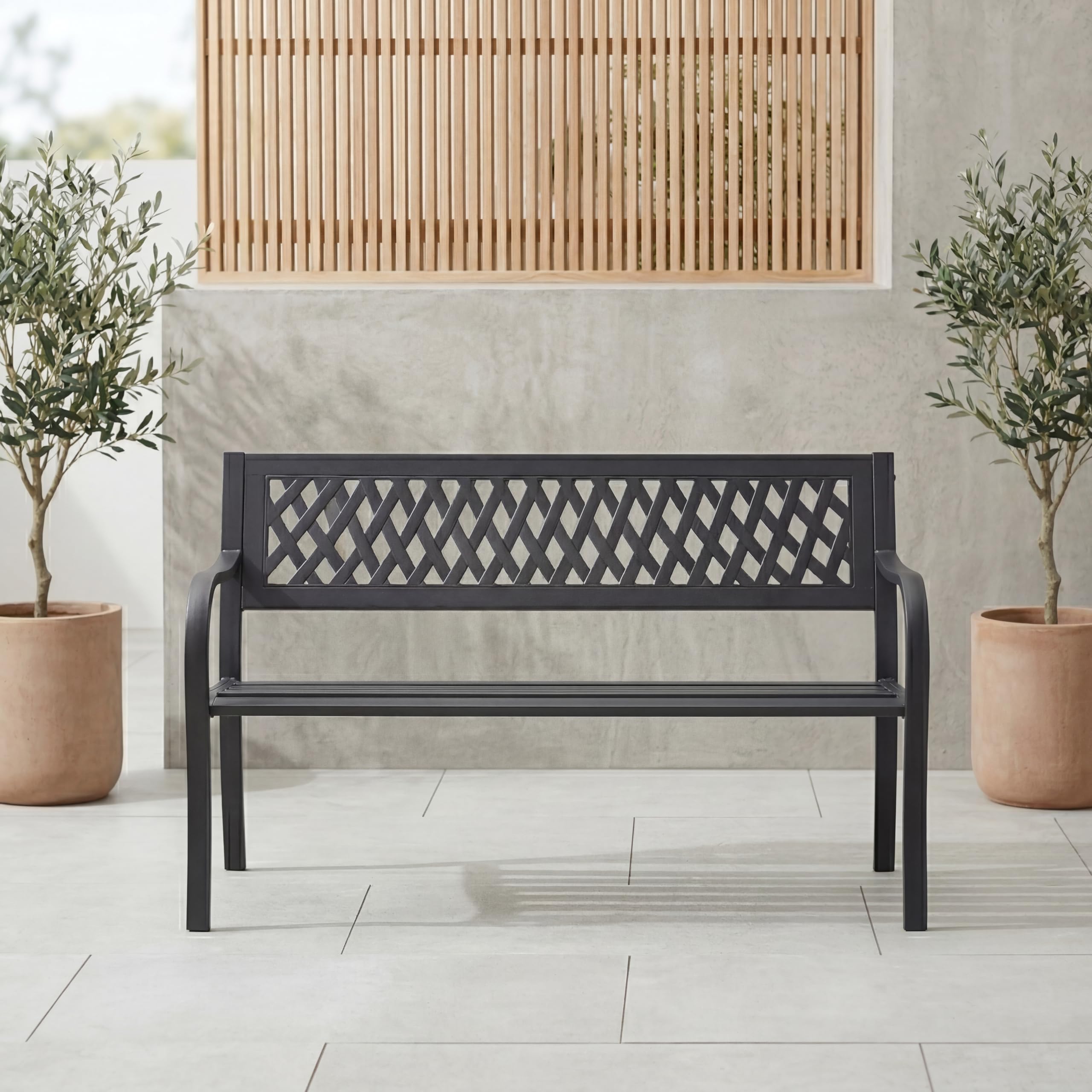 Home Discount Ogrodowa stalowa ławka ogrodowa Vida, design w stylu kraty, 3-osobowa meble ogrodowe, do siedzenia, parku, siedzenia na patio