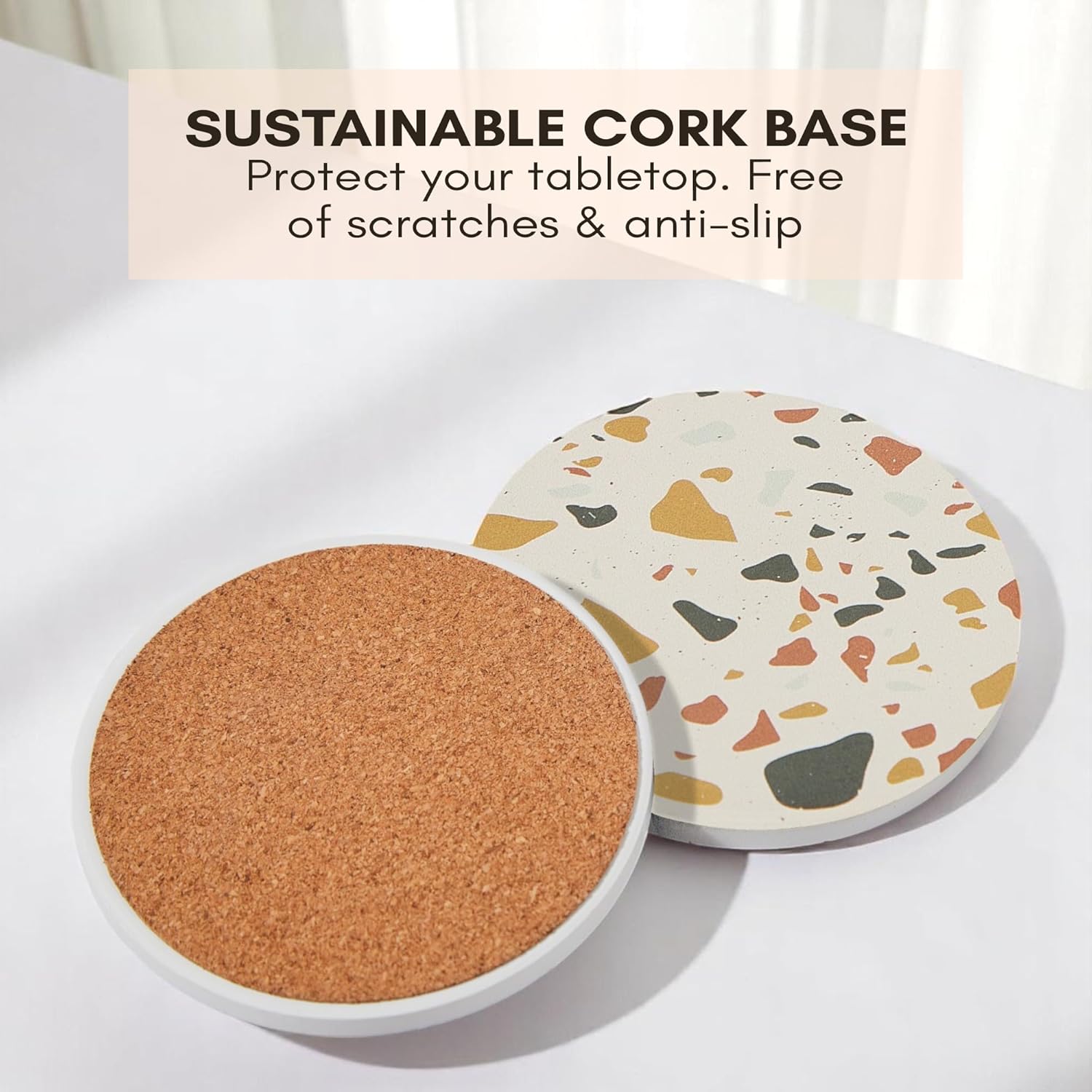 Terrazzo Coasters Set of 6, Ceramic Absorbent Drink Coasters, Cute Moisture Absorbing Coaster, Coffee Table Desk Decor, Colorful Stone Coaster for Drinks (Sunset with Black Holder) - Image 5