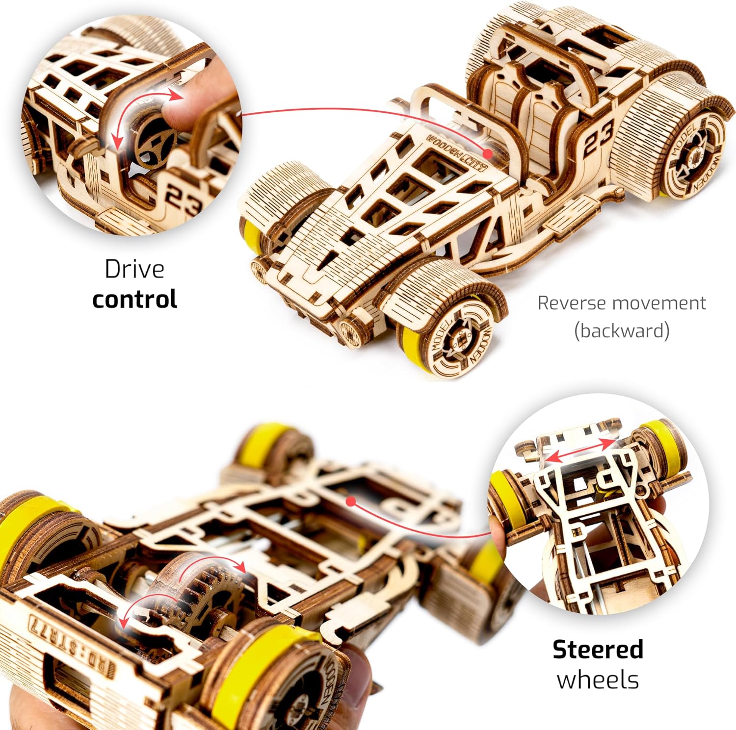 WOODEN.CITY Roadster 3D Wooden Puzzles for Adults – Build Your Own Roadster with Rubber‑Band Motor – Self‑Assembly Model, DIY Gift – Laser‑Cut Wooden 3D Model for Display and Home Décor
