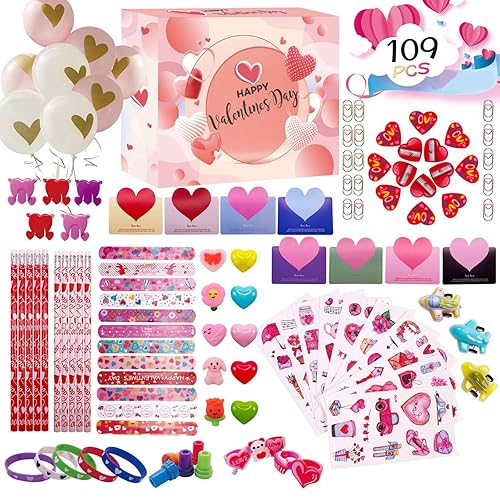 Regalos para el día de San Valentín para niños niñas niños juego de 109 unidades bolsas de regalo con borrador de lápiz tarjetas de San Valentín