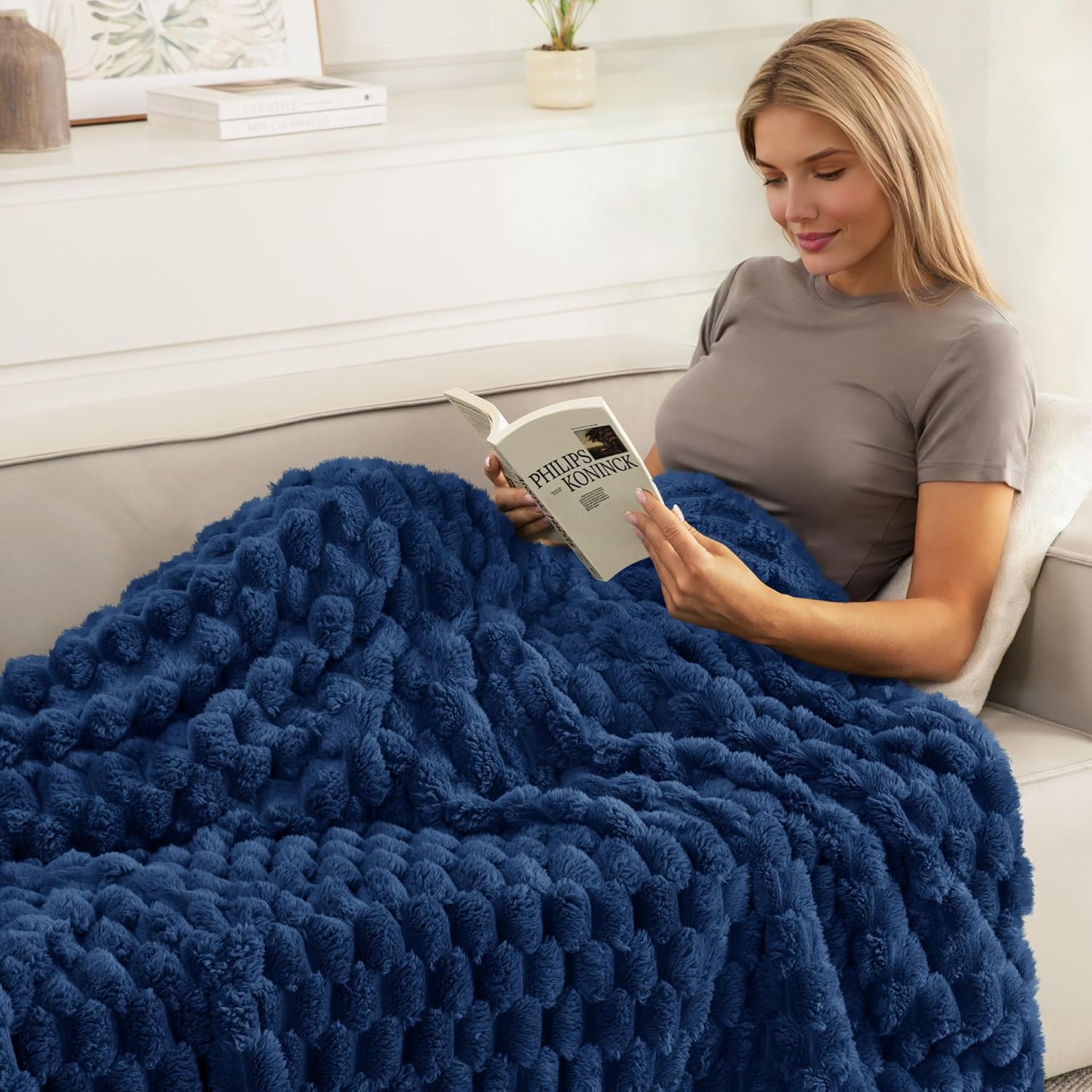 Whale Flotilla Queen Size Blanket for Bed with Jacquard Pattern, Fuzzy Soft Cozy Exquisite Blankets for All Season, Warm and Fluffy, 90x90 Inch, Navy Blue - Image 3