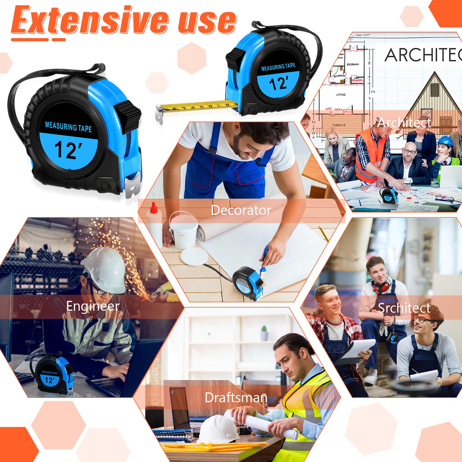 Copkim 50 cintas métricas retráctiles y fáciles de leer con fracciones marcadas Easy Read Basics Cinta métrica autobloqueante a granel para contratistas ingenieros (12 pies, azul)