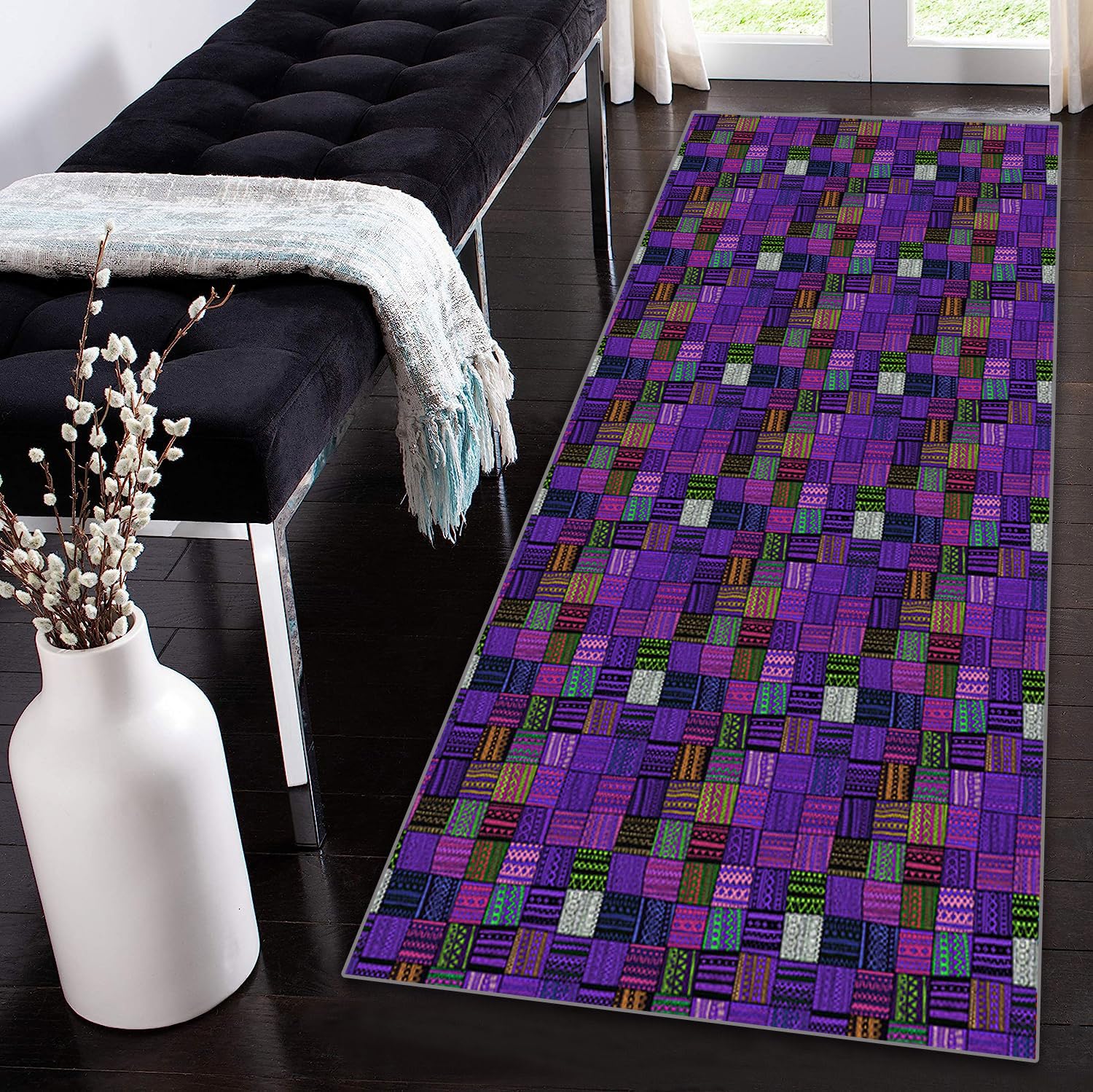 Tapis de couloir violet 110x160 cm patchwork antidérapant pour entrée