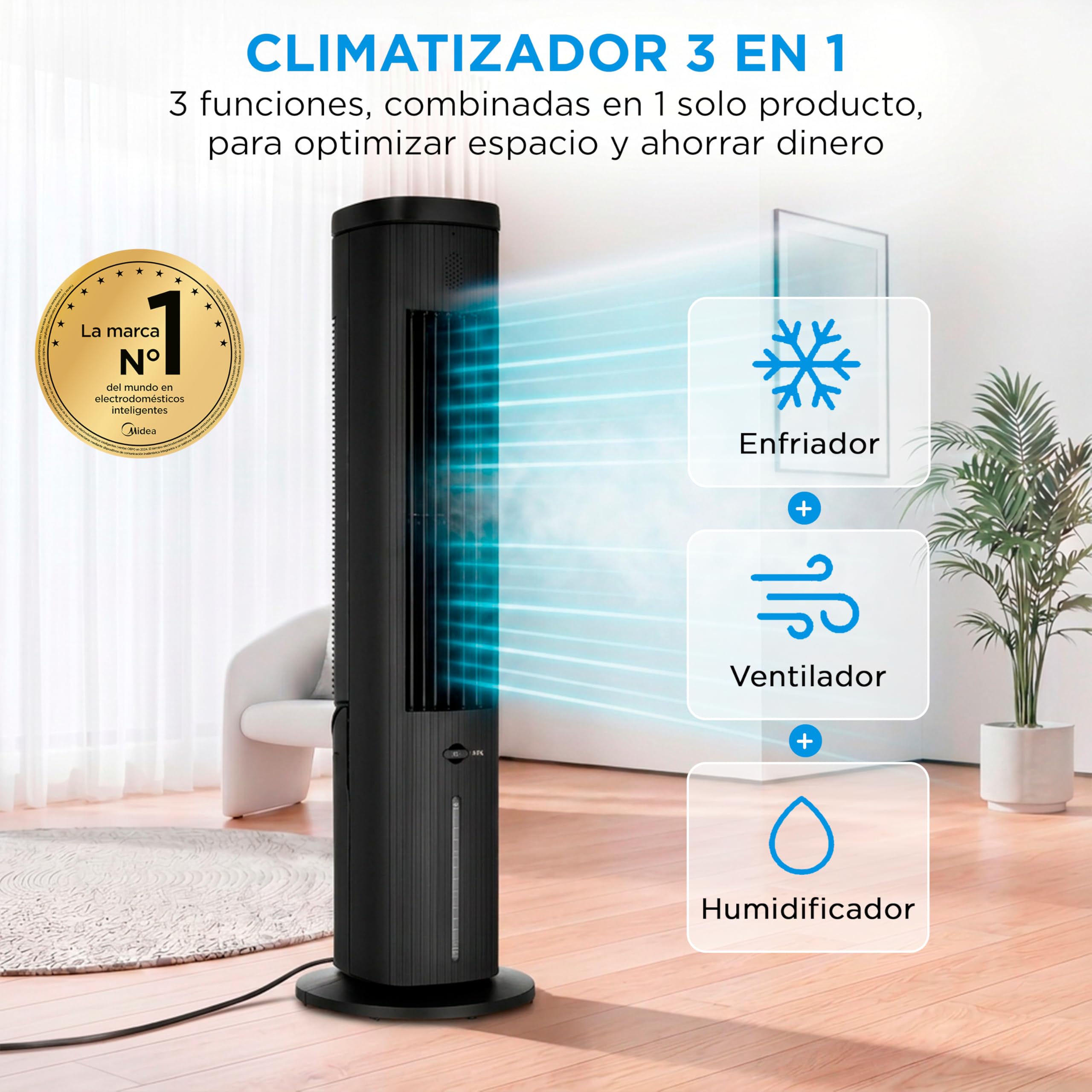 MIDEA Climatizador Evaporativo 3 en 1 con Mando a Distancia - Ventilador de Agua, Enfriador de Aire, Humidificador de 3 Velocidades, Oscilación 85º - Climatizador Frio Silencioso con Tanque de Agua 5L