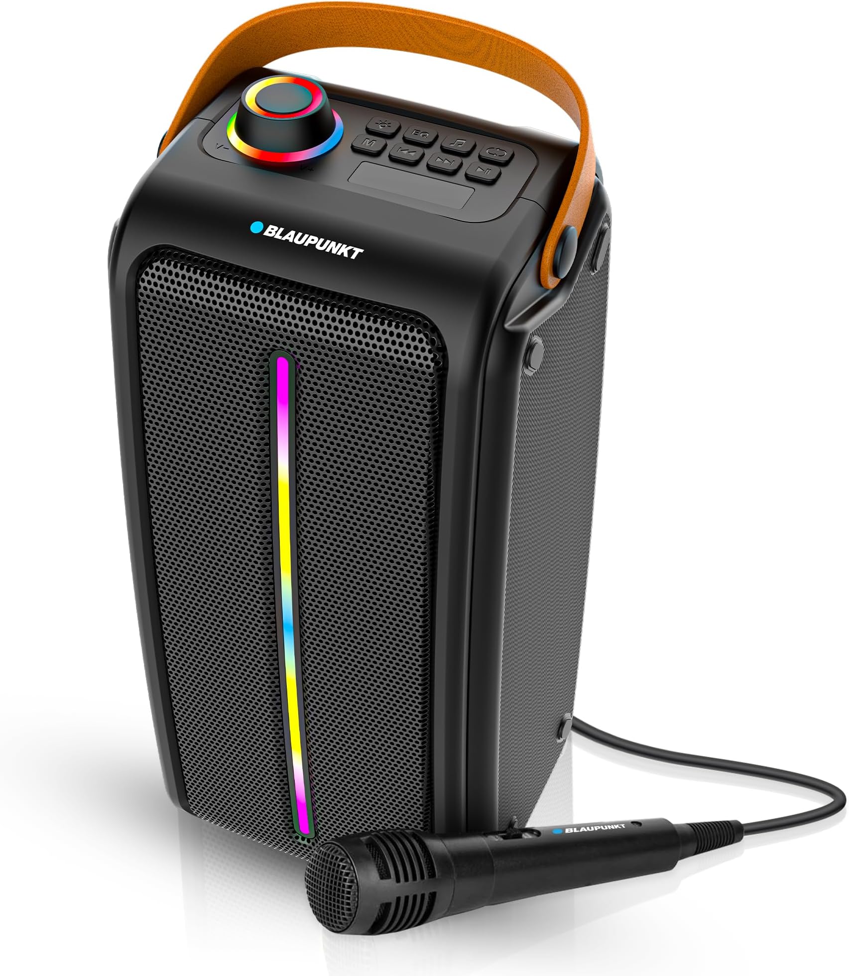 Blaupunkt Atomik PS30 Pro Wireless Bluetooth 30W Outdoor Party Speaker, Dual Passive Radiatori 3000Mah Battery I Dynamic RGB Lights I Karaoke With Wired Mic I EQ Button I Flexible Carrying Strap,Black