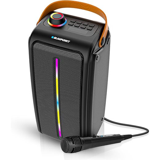 Blaupunkt Atomik PS30 Pro Wireless Bluetooth 30W Outdoor Party Speaker, Dual Passive Radiatori 3000Mah Battery I Dynamic RGB Lights I Karaoke With Wired Mic I EQ Button I Flexible Carrying Strap,Black