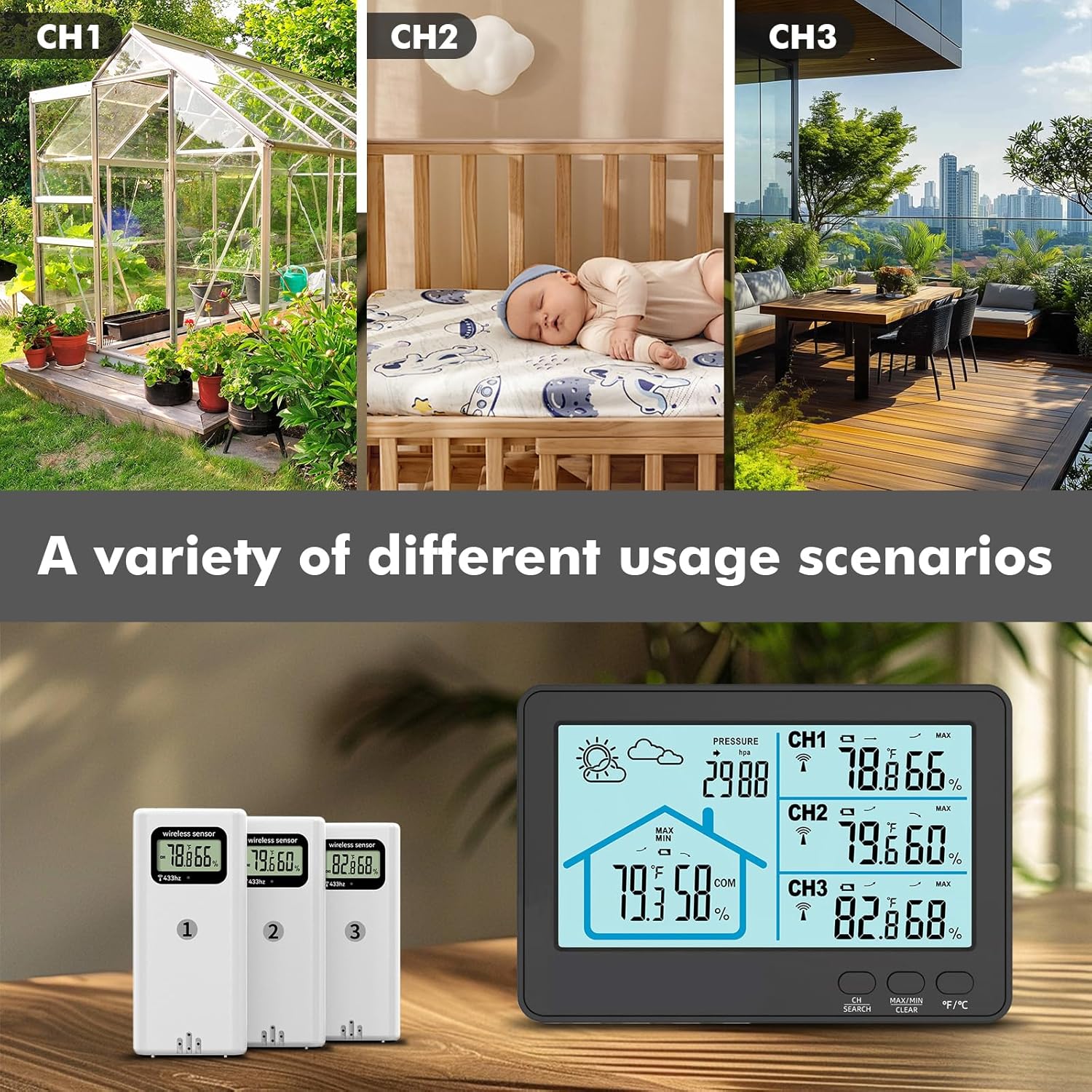 Weather Station Wireless Indoor Outdoor Thermometer, Digital Temperature and Humidity Monitor with 3 Sensors, Home Weather Stations for Office Garden – White
