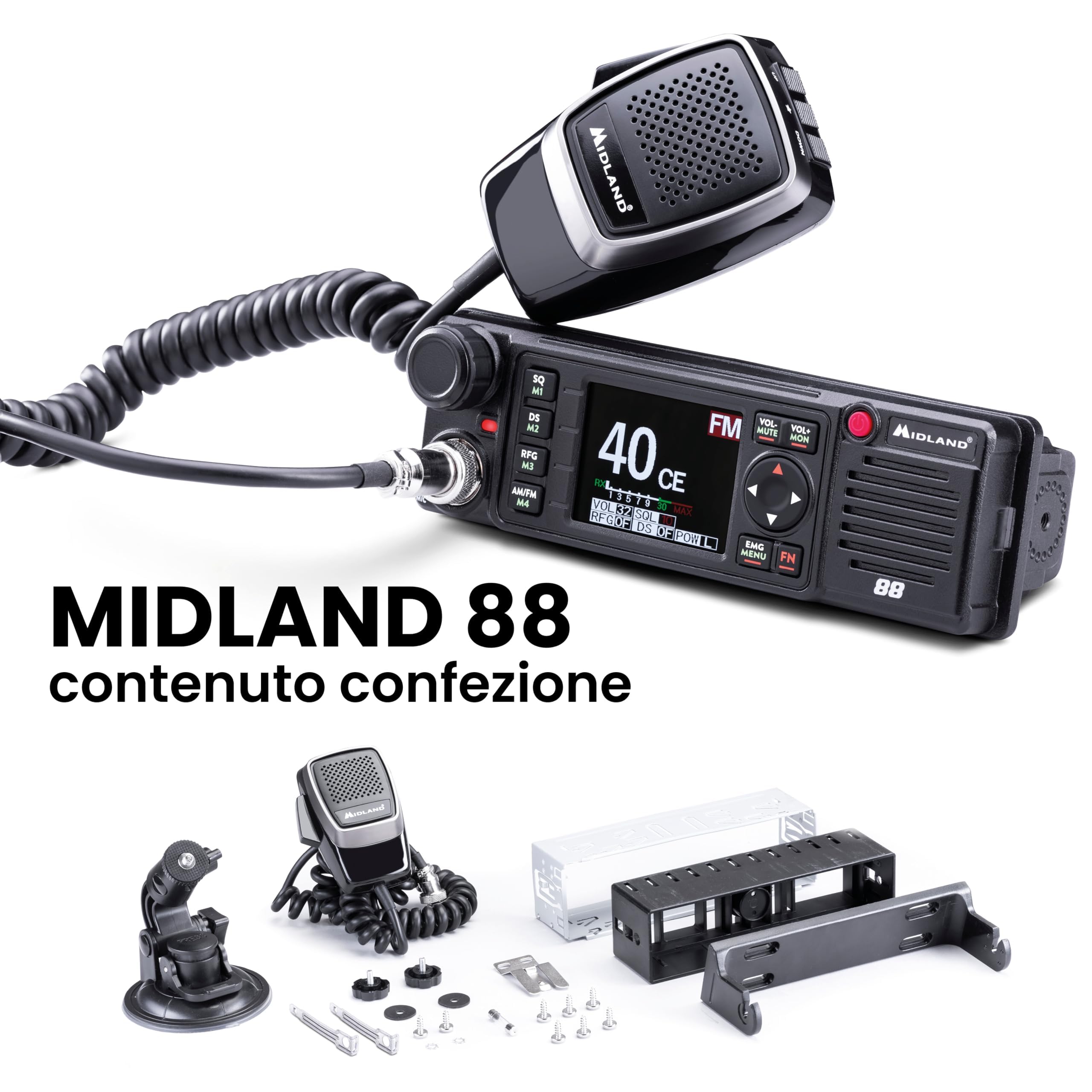 Midland - Radio CB M88 Veicolare Senza Licenza, Ricetrasmittenti Professionali per Tutti Scomparti DIN, Auto Camion Camper e Altri - Display TFT Multicolor, Noise Blanker/HIC, Alimentazione Universale