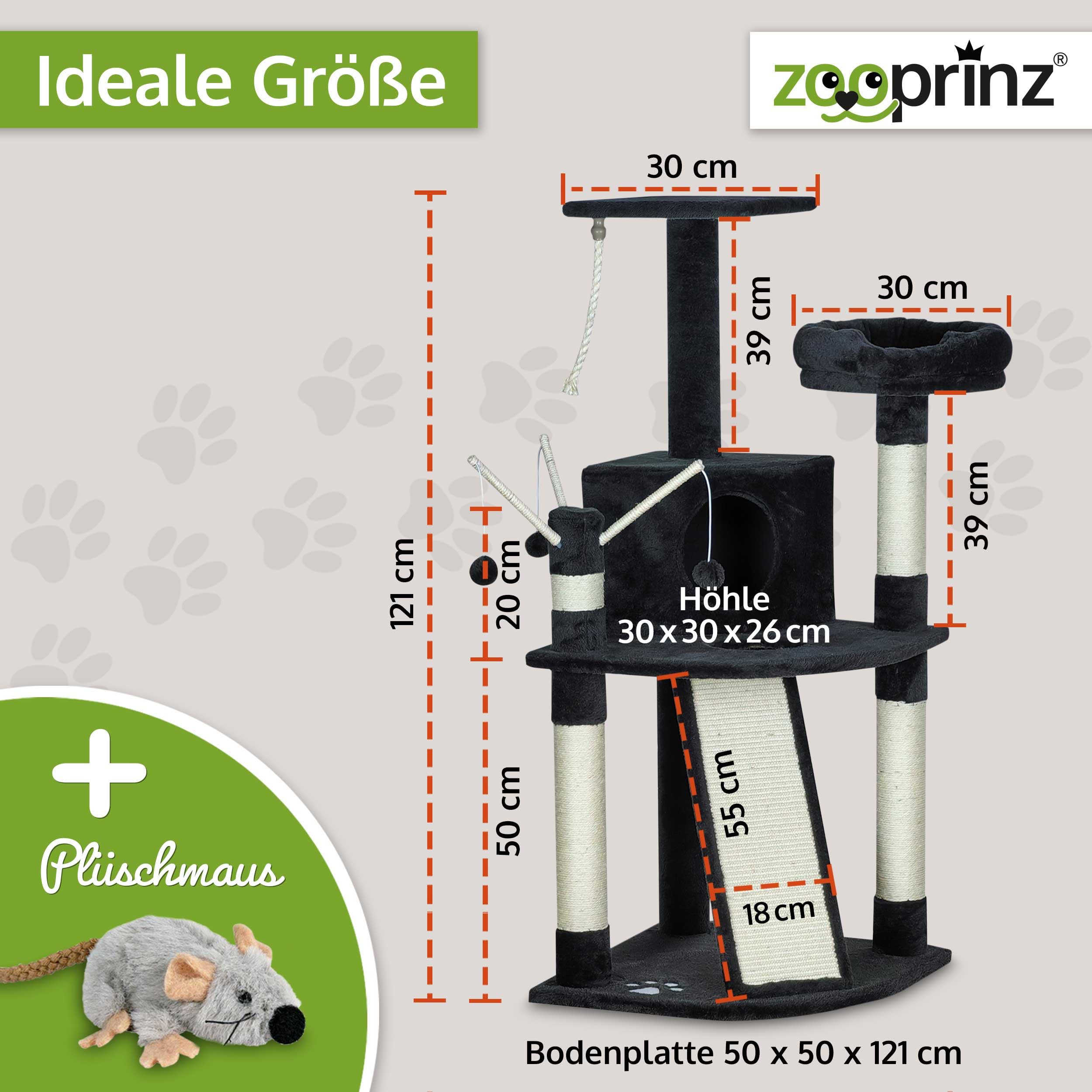 zooprinz Kratzbaum 121 cm schwarz mit Höhle und Liegefläche | Katzenkratzbaum mit Bett, Sisal-Kletterrampe und Kratzsäule, Katzenturm für Indoor-Katzen