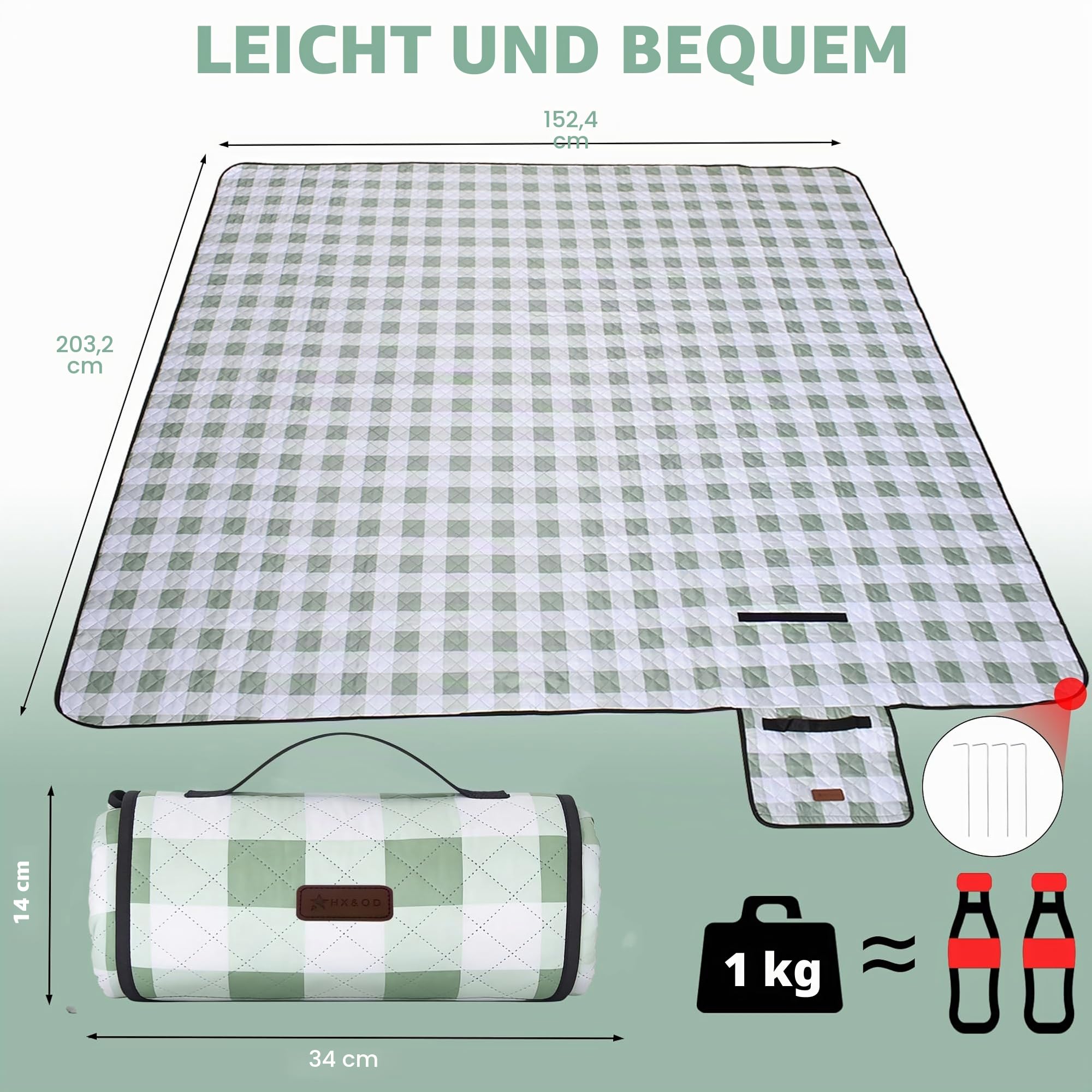 HX&OD Wasserdichte Picknickdecke, 203,2 x 203,2 cm, faltbar, Gingham-Muster, für Strand, Camping, Gras, Park, Zubehör