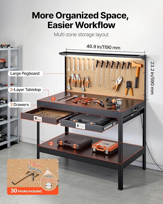 VEVOR Workbench, 47.2-inch Heavy Duty Steel Workbench with Pegboard & Drawers, 242.5 lbs Capacity, Work Benches for Garage with 4 AC Outlets & 2 USB Ports for Workshop, Basement, Garden