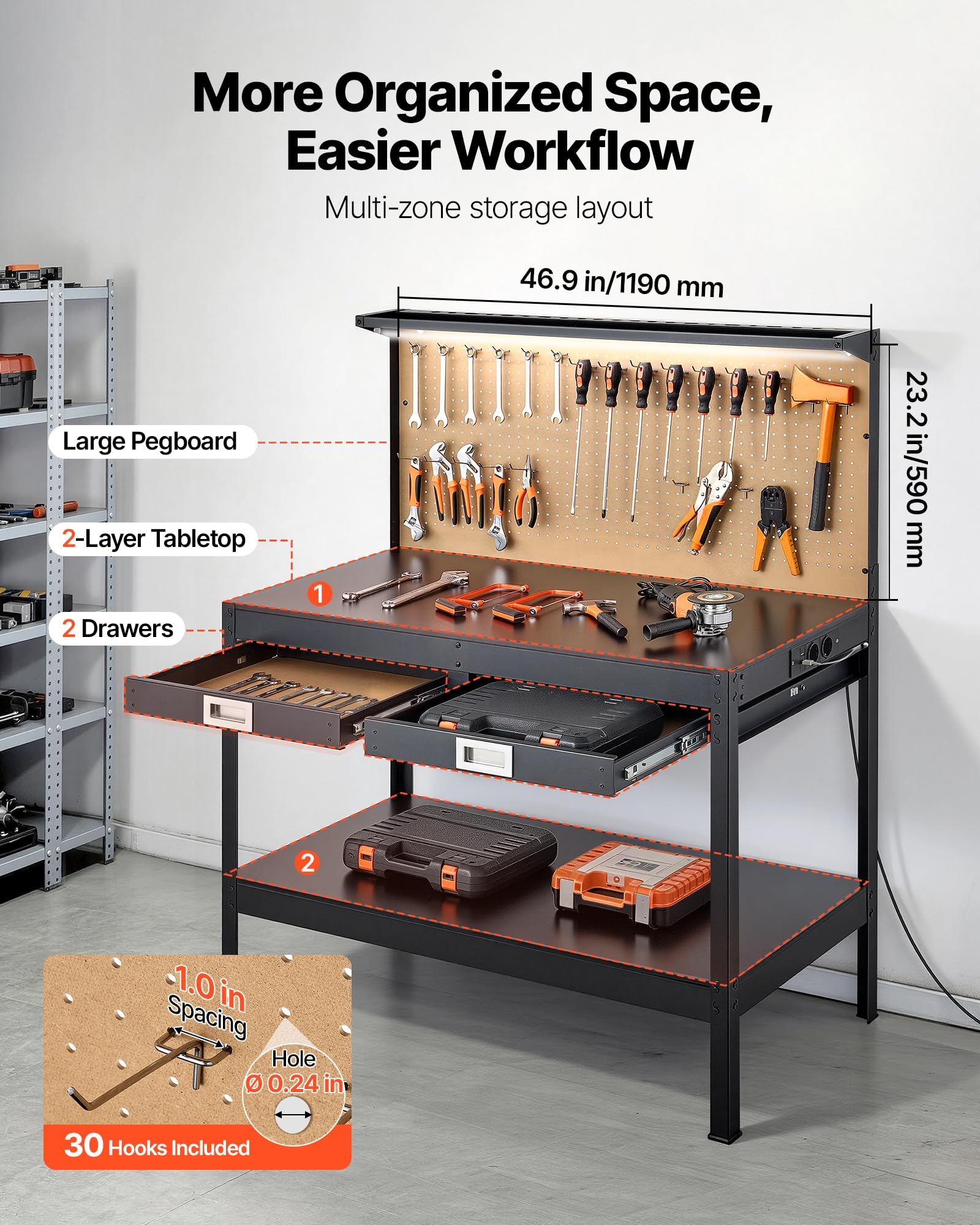 VEVOR Werkbank mit Lochwand, 110kg Belastbarer Arbeitstisch inkl. 2 Ablagefächer 2 Schubladen LED-Beleuchtung & Integrierter Steckdosenleiste mit USB, Multifunktionstisch mit Werkzeugwand für Heimwerk