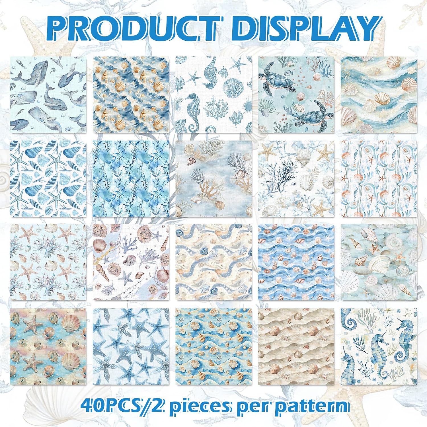 JarThenaAMCS 40Pcs Summer Fabric Squares Ocean Life Cotton Fabric Bundles Precut Watercolor Beach Theme Quilting Fabrics for DIY Craft Party Decor, 10 x 10 Inch image 2