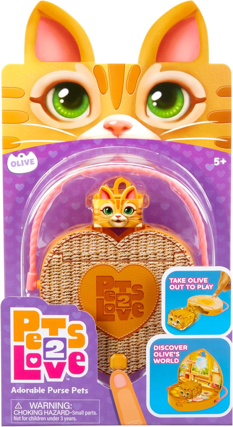 Olive The Cat Toy Pet with Heart-Shaped Animal Purse, Includes Miniature Carrier & Leash, Compact and Travel Friendly, 3-in-1 Interactive Playset, Collectible Micro Pet for Ages 5+
