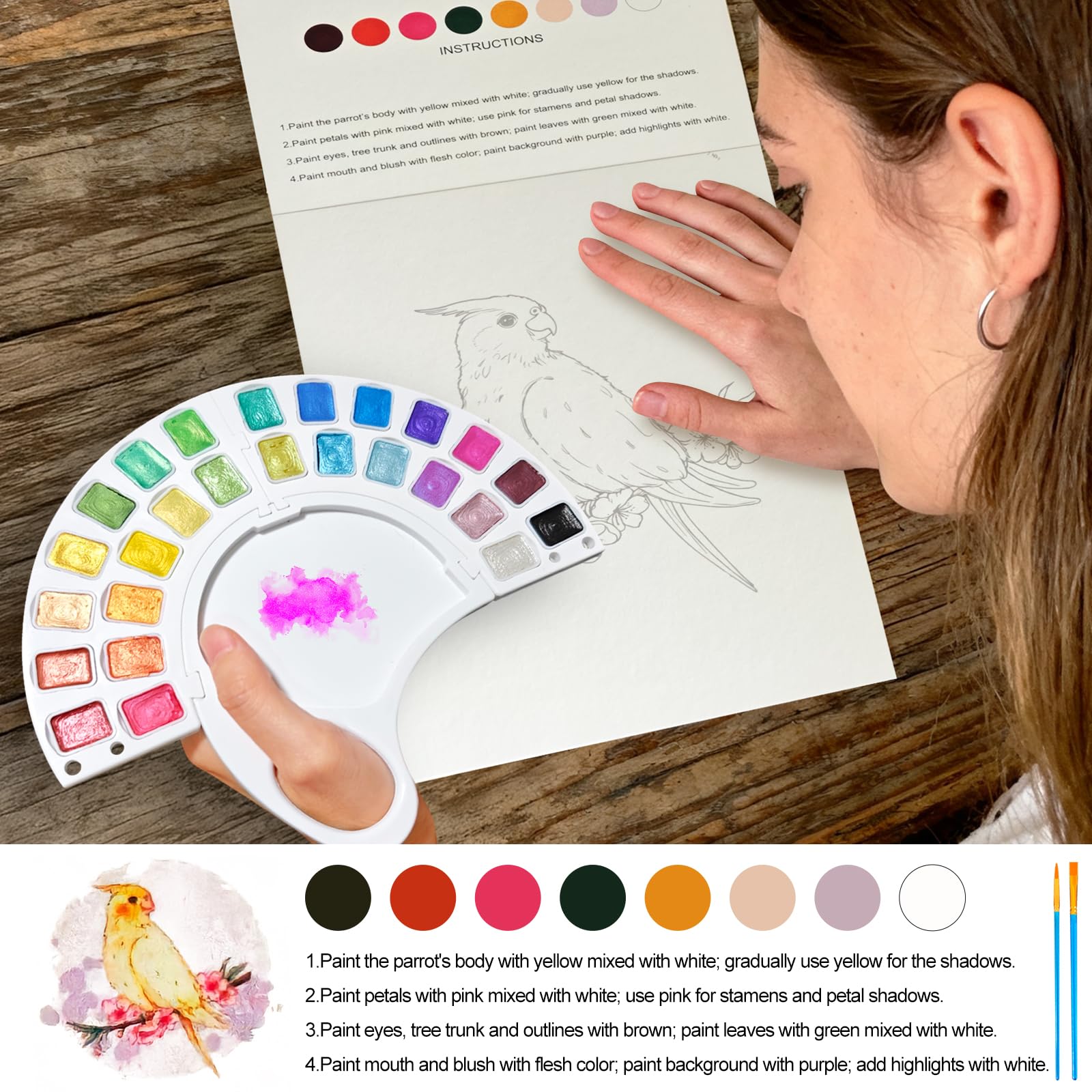 Quaderno per schizzi ad acquerello, 300 g, con 13 pagine, set di pittura a 26 colori con pennello e custodia, libro da colorare adatto ai principianti per adulti, set completo per arte a tema uccelli
