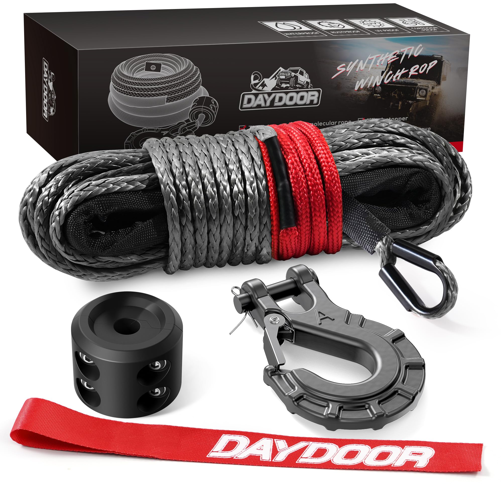 DAYDOOR Synthetic Winch Rope, 1/4 Inch x 50ft 10,000LBS Winch Line, Synthetic Winch Cable for Offroad Vehicle 4WD ATV UTV, Synthetic Rope with Forged Winch Hook and Rubber Stopper (Gray)