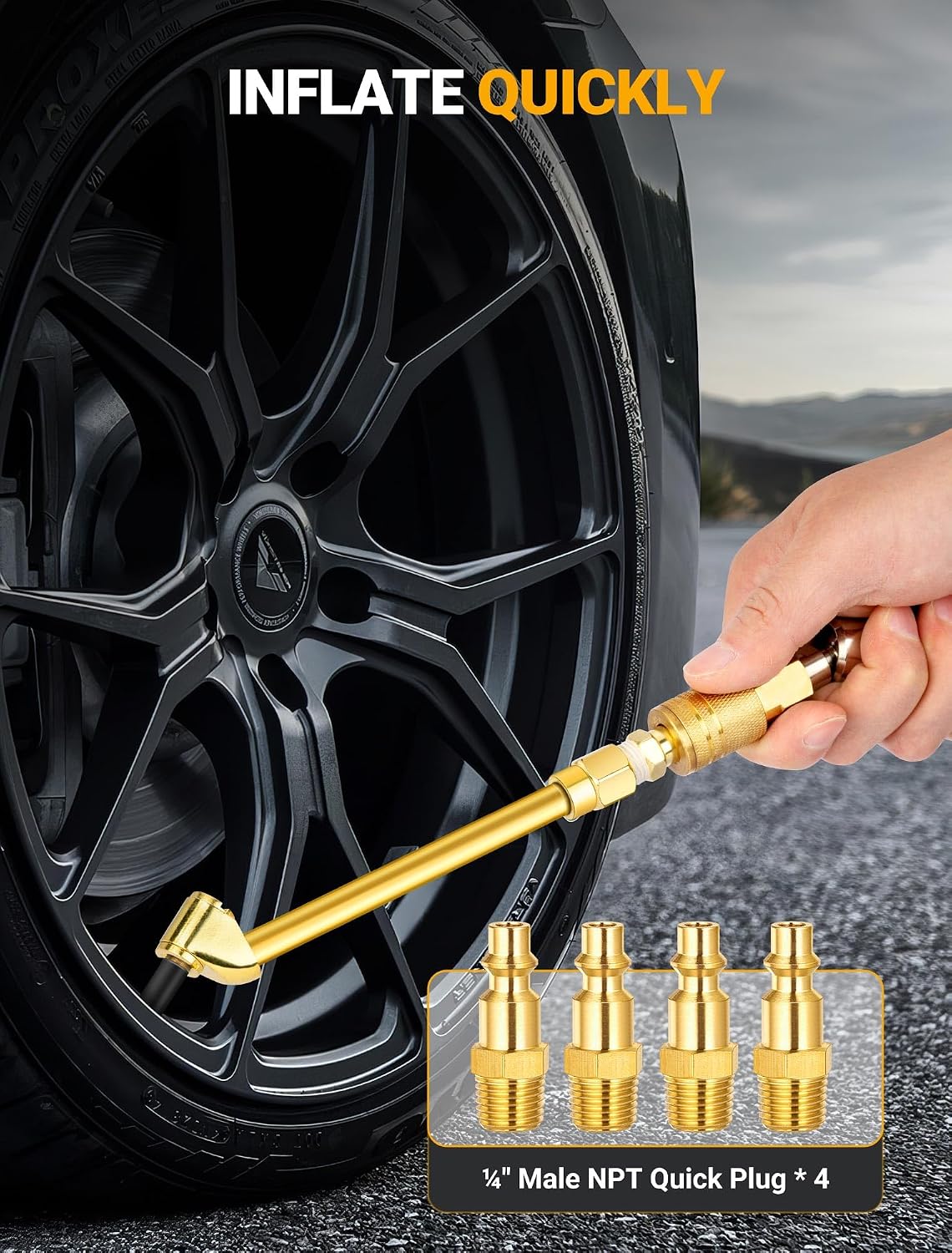 LUMITECO 2 Pack Heavy Duty Air Chuck Set-1/4 Inch Female NPT Closed Ball tire Chuck, Dual Head Air Chuck and Standard Male Quick Plug, Tire Air Fill Kit for Tire Inflator Gauge and Air Compressor