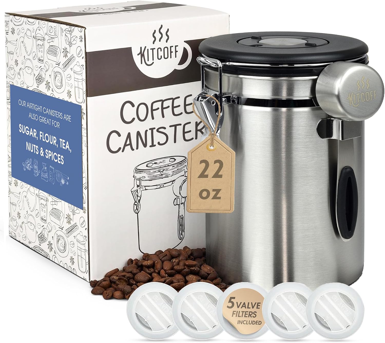 Coffee Grounds and Beans Container Canister with Date Tracker, CO2-Release Valve and Measuring Scoop - Made of Stainless Steel with Airtight Lids - Large, 22oz, Silver