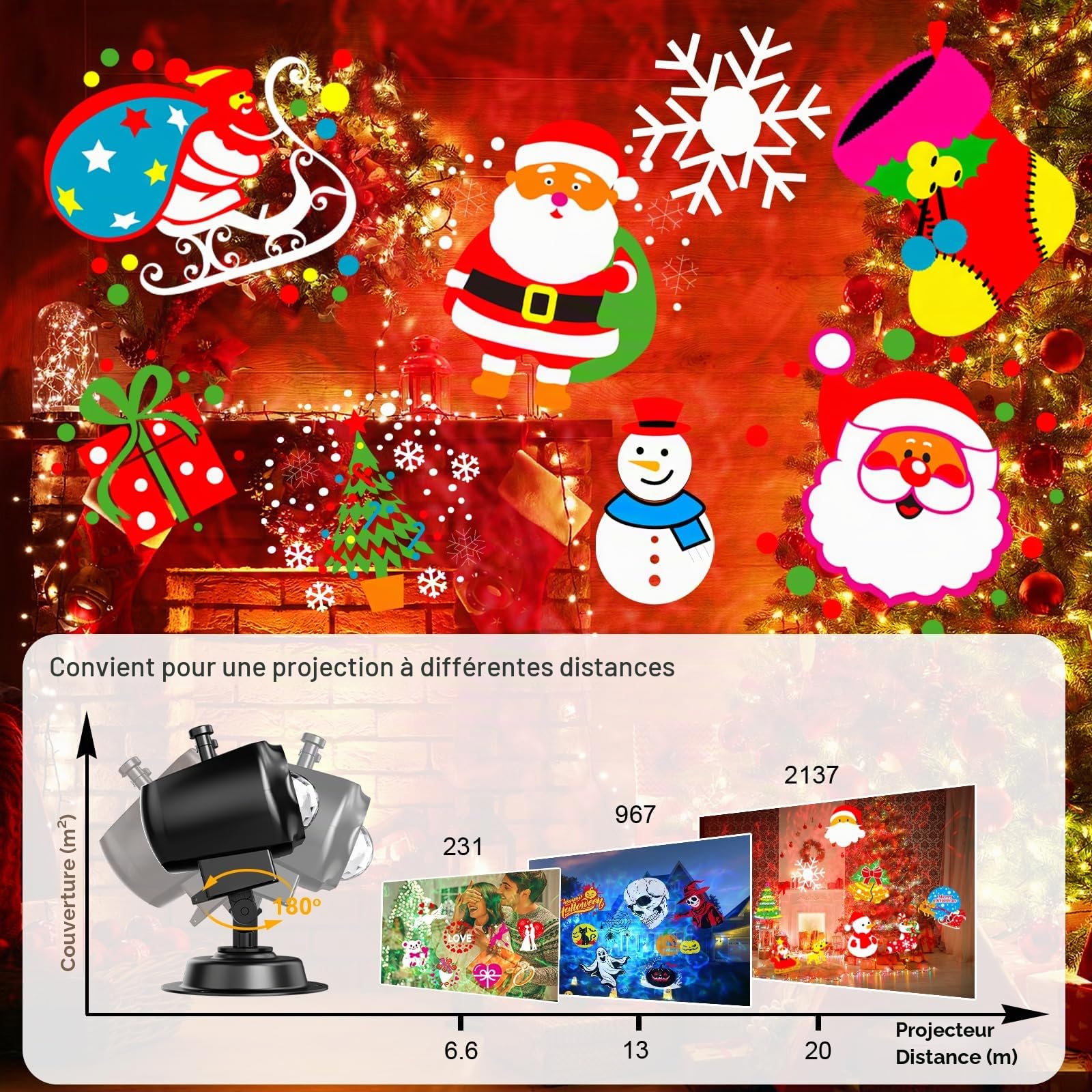 Lampe Projection Halloween Extérieur, 2 en 1 Holographique avec 12 Diapositives 8 Motifs 10 Couleurs Vague, Étanche avec Télécommande Minuterie pour Décoration Noël