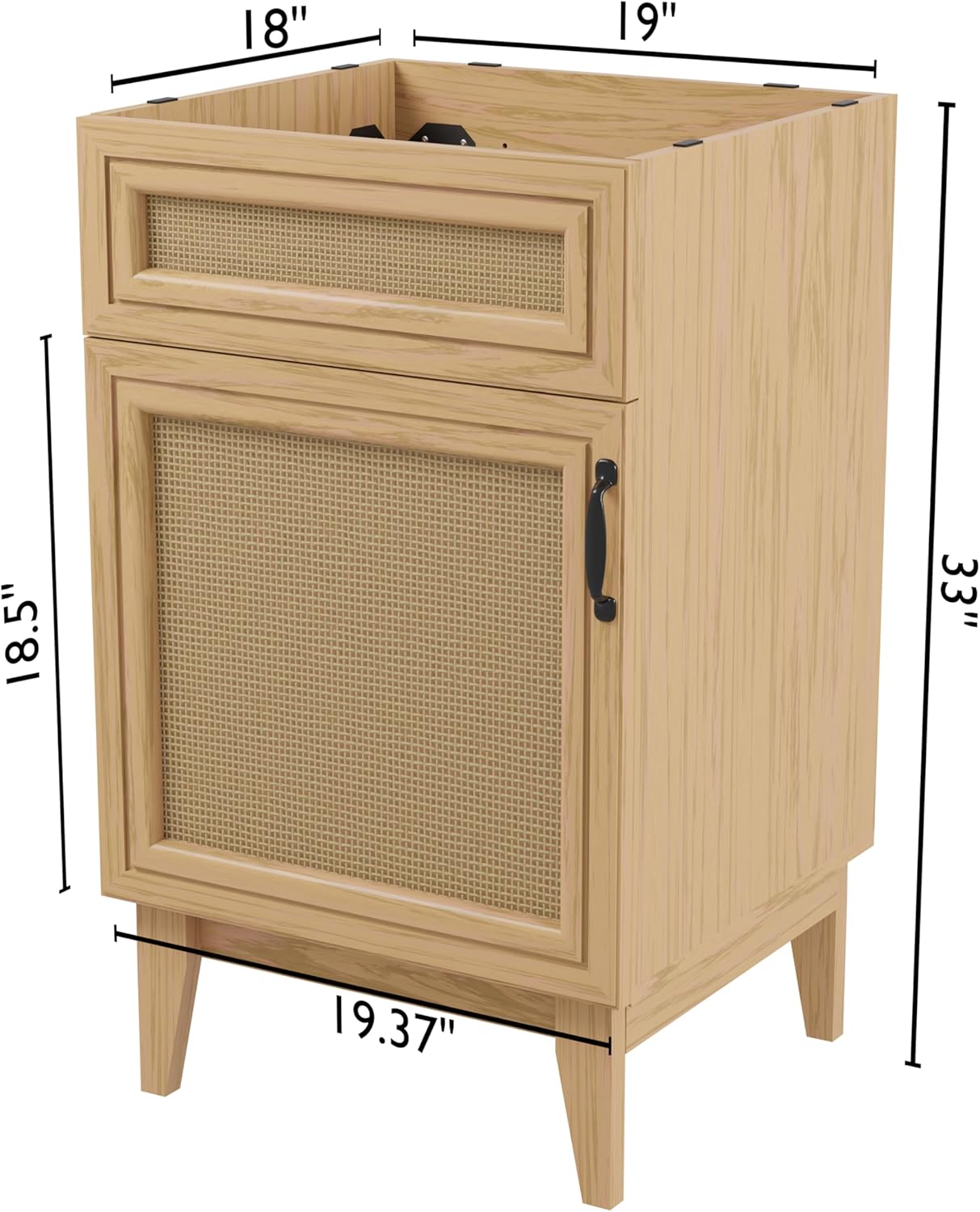 JONATHAN Y VAN1008A Javer 20 in. W x 18 in. D x 33 in. H Rattan Modern Farmhouse 2-Shelf Bath Vanity Cabinet Only (Sink Basin not Included), Oak