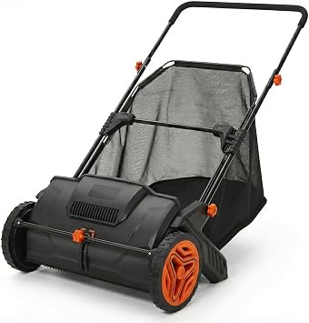 Hand Push Lawn Sweeper, 21" Sweeping Width Floor Sweeper Manual Non-Electric, 3.5 cu. ft. Large Mesh Collection Hopper Bag, 2 Spinning Brushes for Walkway, Yard, Garage, Patio