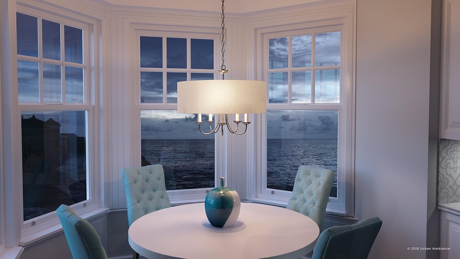 Urban Ambiance Luxury Transitional Chandelier, Medium Size: 21.125" H x 21.625" W, with Provencial Style Elements, Brushed Nickel Finish and White Textured Shade, UHP2280, Aurora Collection