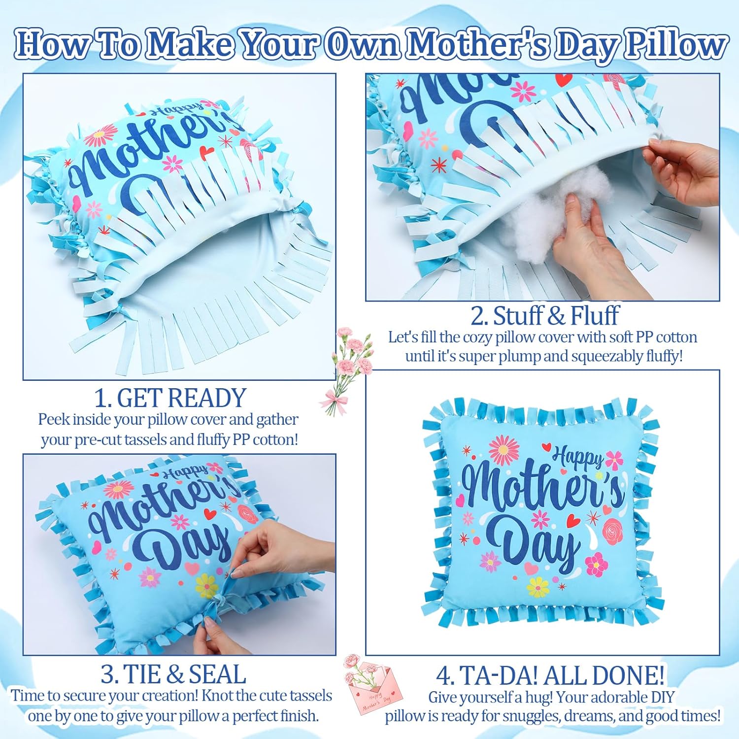Mindsoft 6 Sets Mother's Day DIY Pillow Craft Kits – Cute Floral Tied Pillows with Happy Mother's Day Design, Handmade Gifts for Mom, Craft Activities, Home Decoration & Party Decor Favors