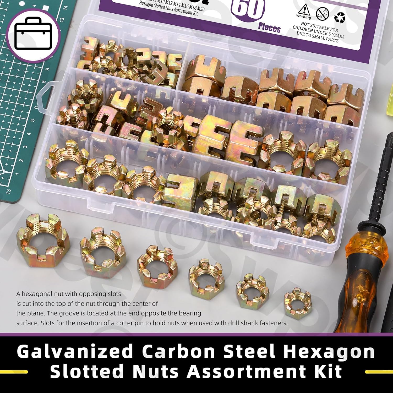 Swpeet 60Pcs 6 Sizes Black Grade 4.8 Carbon Steel M10 M12 M14 M16 M18 Hexagon Slotted Nuts Assortment Kit, Hex Castle Nuts Hex Nuts for Moto Car Furniture Fasteners Repair