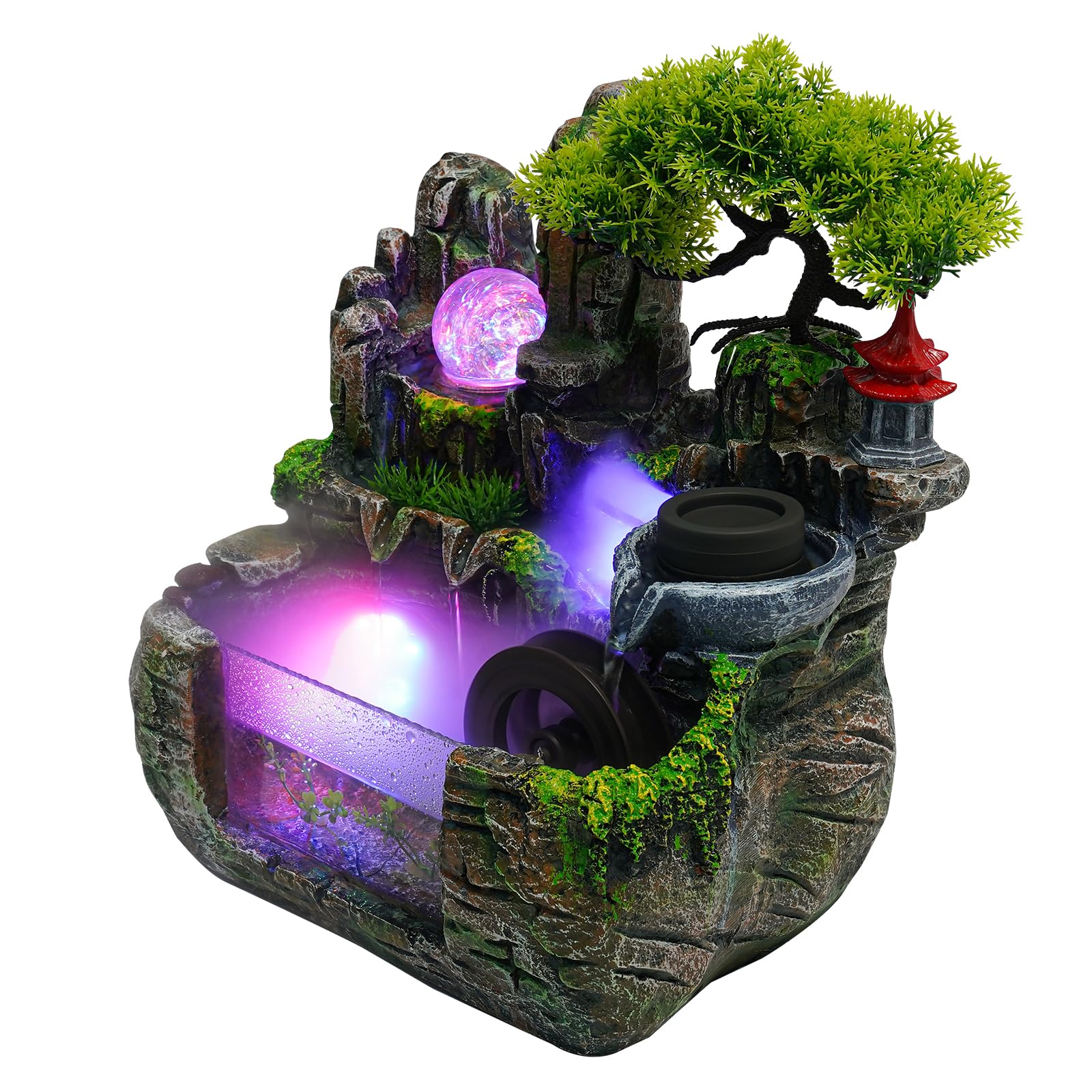 Indoor Water Fountain Waterfall Fountain Relaxation Desktop Fountains with Colorful LED Light Atomizing Humidifier & Rockery Plant Tabletop Fountains