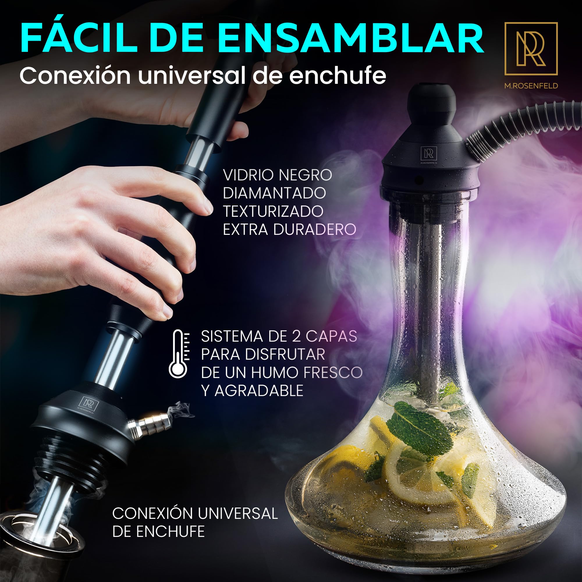M. ROSENFELD Juego completo de shisha Protos - Juego de cachimba de 75 cm con cuenco enchufable, sistema de drenaje frío, cámara cerrada, tubo de inmersión de acero inoxidable, cabezal de chimenea