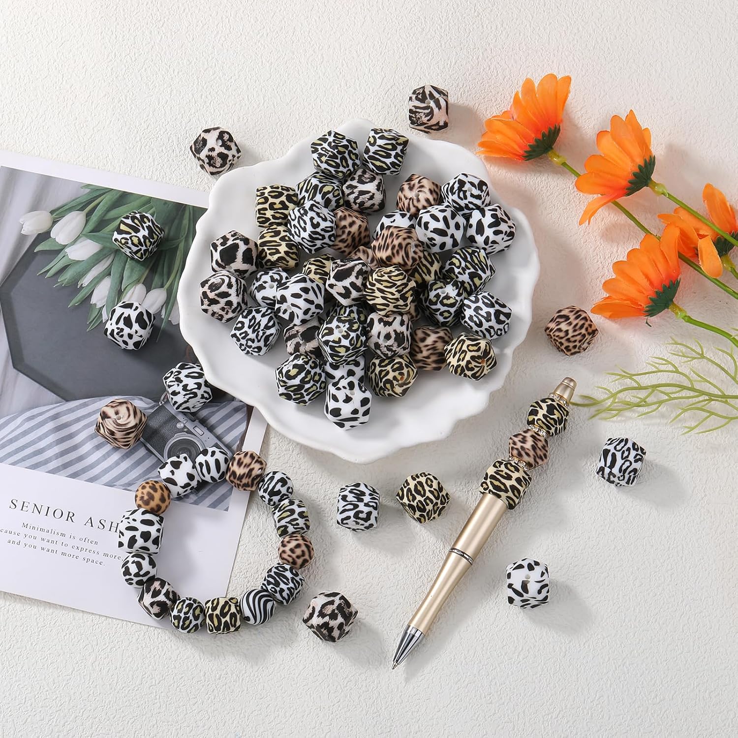 54Pcs Leopard Silicone Beads for Keychain Making 14mm Hexagonal Focal Beads for Pens Necklace Bracelets Jewelry Making - Image 4