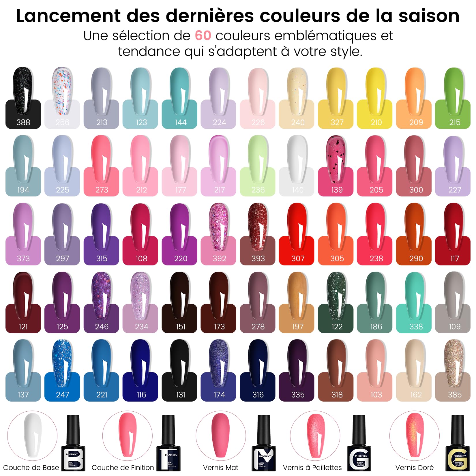 Phoenixy Kit Ongle Gel U V Complet, 60 Couleurs Kit Vernis Semi Permanent avec 48W Lampe à Ongles U V/LED Base et Top Coat Kit de Manucure Cadeaux pour Femmes