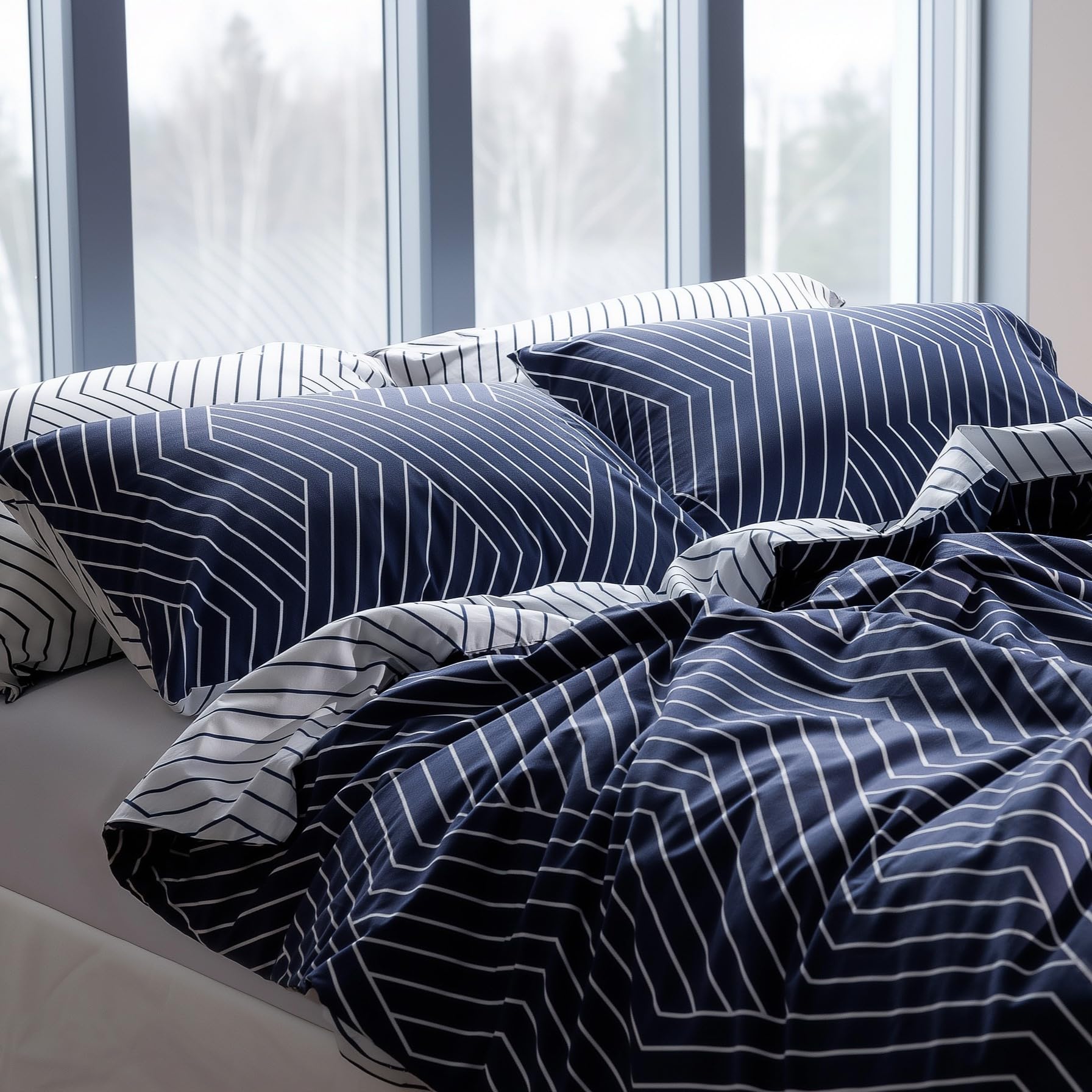 Leruum® Oslo dekbedovertrek beddengoed set 100% katoen omkeerbaar gestreept dekbedovertrekset, Donker marineblauw, (135x200 (80x80
