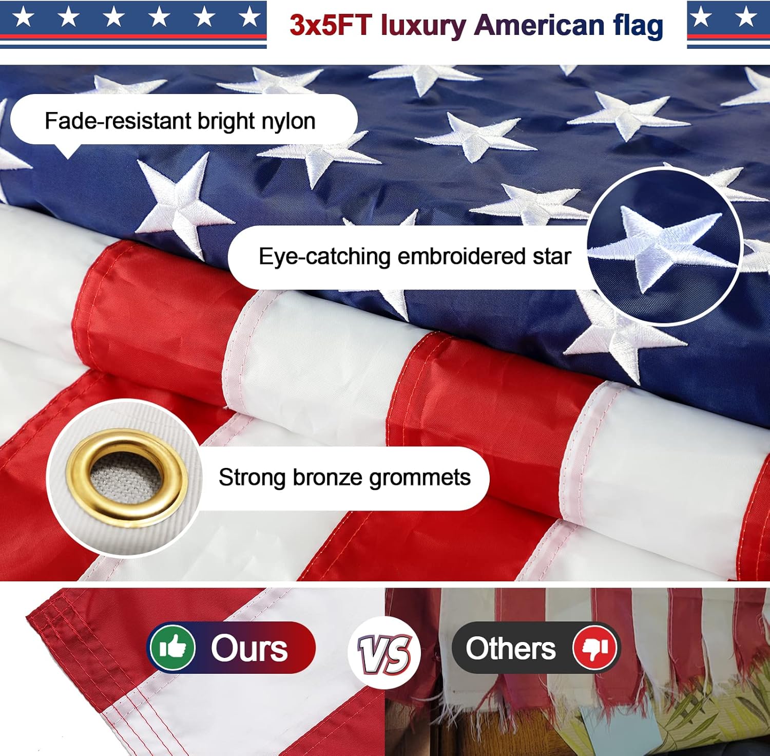 Barcetine Flag Pole with American Flag - Tangle Free Flag Poles for Outside House with 3x5 Embroidered US Flags,Flagpole Holder Bracket - 5ft Heavy Duty Outdoor Flag Pole Kit for Porch - White - Image 3