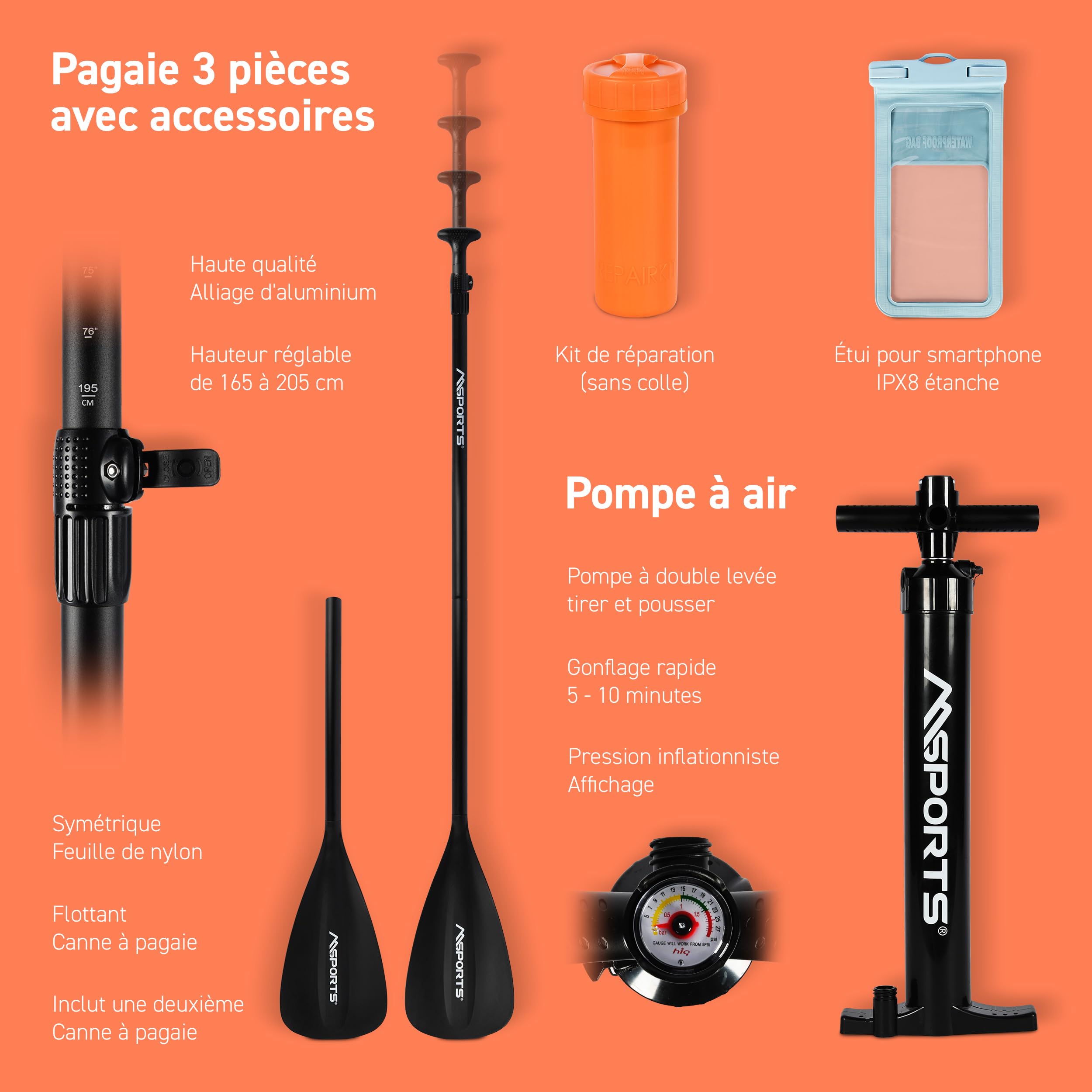 MSPORTS Planche de stand up paddle gonflable complète accessoires pagaie réglable, pompe de haute qualité + 2 bâtons de pagaie + sac étanche pour smartphone + sac multifonction