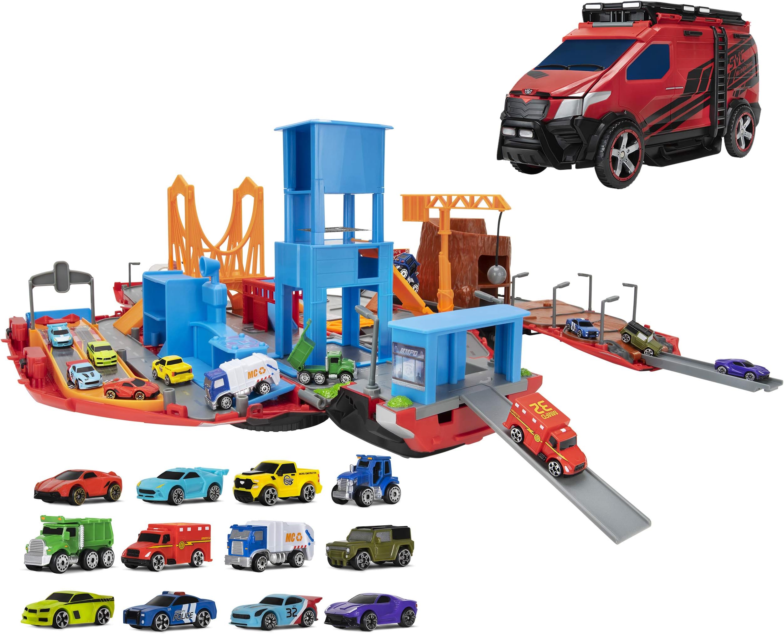 Micro Machines Super Van City Playset - Includes 12 MM Vehicles, Working Bridge, Construction Site, High Rise Building, Drag Strip, Ramps - Collect Them All