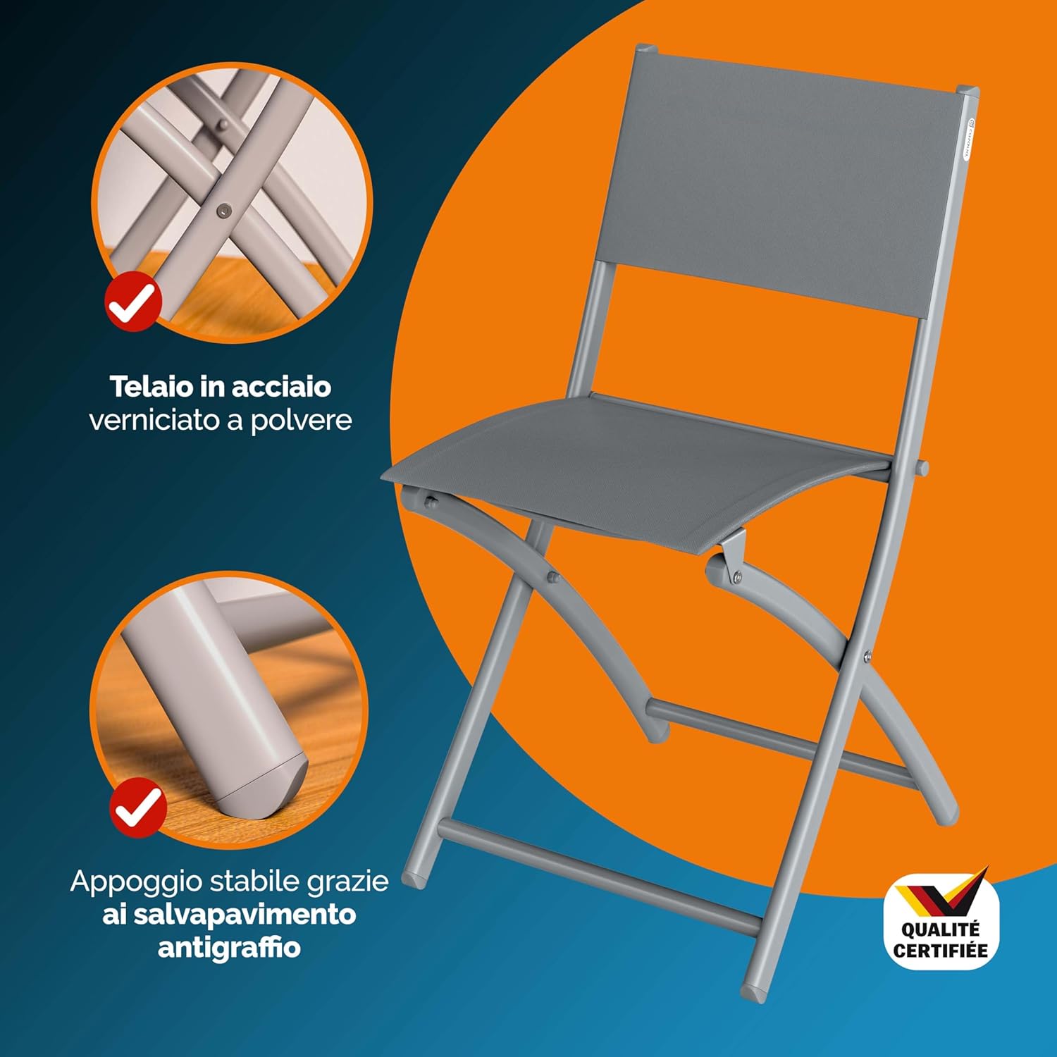 Casaria Folding Garden Chair shown in both unfolded and folded positions, demonstrating its space-saving design and portability. A person is shown easily carrying the folded chair.