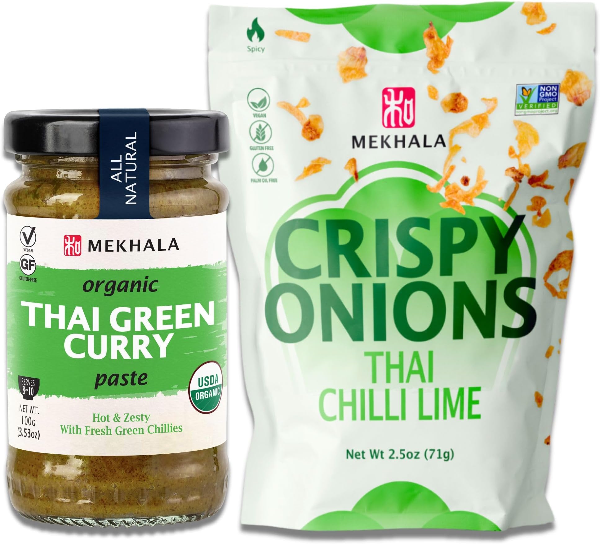 MekhalaOrganic Gluten-Free Thai Green Curry Paste (3.52oz) and Thai Chili Lime Crispy Onion Bundle (2.5oz)