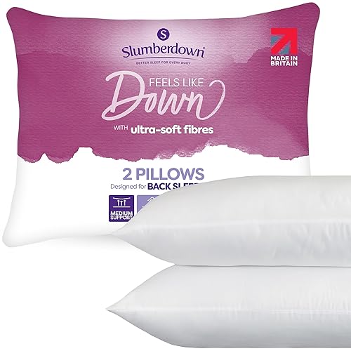 Slumberdown Feels Like Down Pillows 2 Pack - Ultra-Soft Down Alternative Pillow for Front, Back & Side Sleepers | UK Made, Non-Allergenic, Machine Washable (48 x 74cm) - Medium Support - 2 Count (Pack of 1)