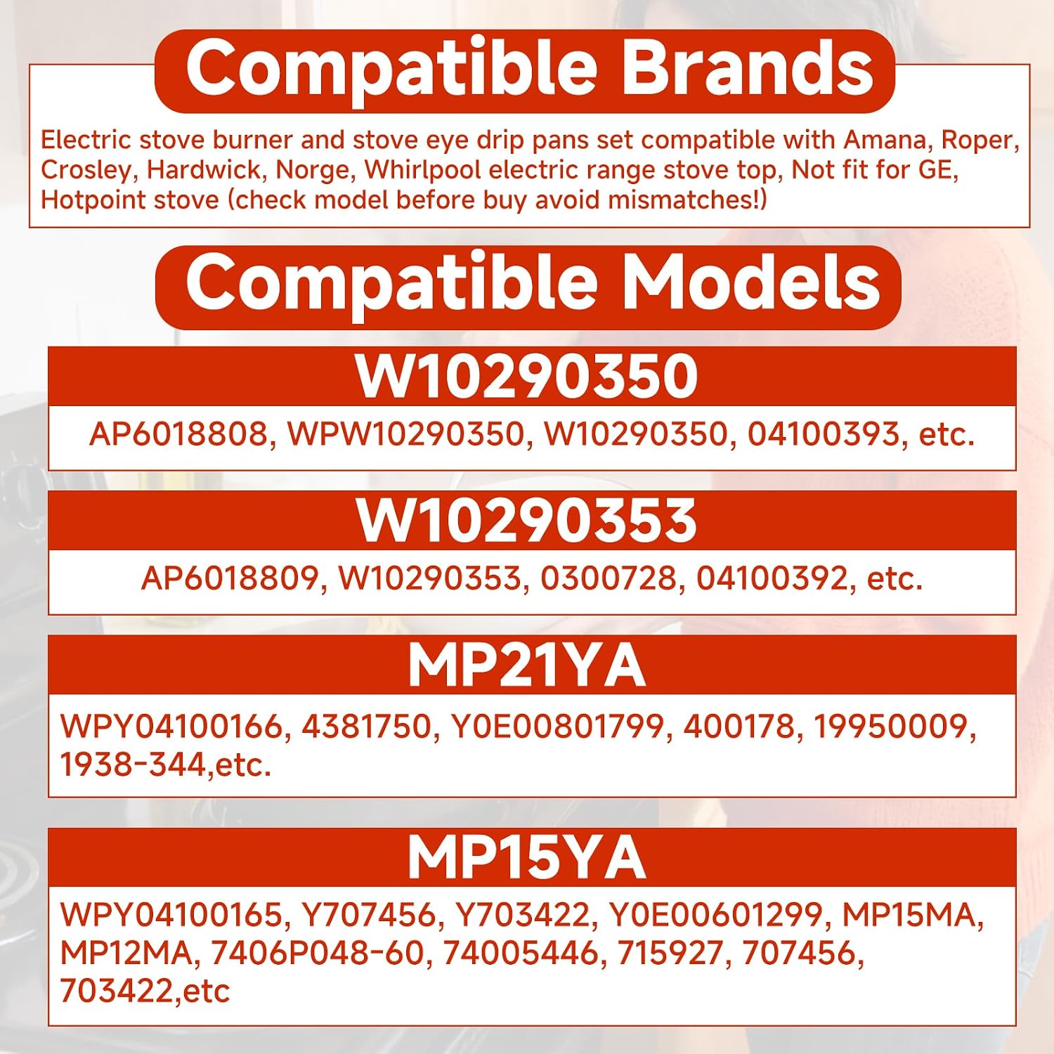 W10290350 W10290353 Porcelain Drip Pans & MP22YA Electric Stove Burner Set, 2×8” & 2×6” Stove Drip Pans with MP15YA MP21YA Burners,Compatible with Amana, Roper, Crosley, Hardwick, Norge, Whirlpool
