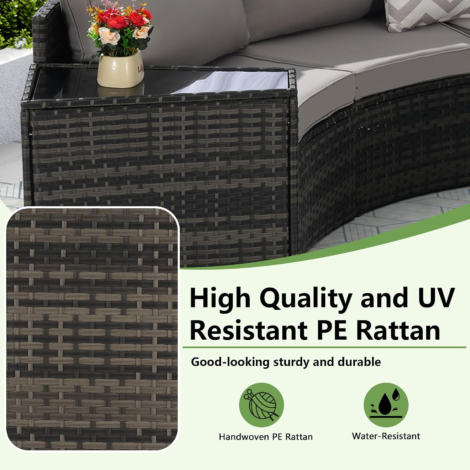 Outdoor Patio Half-Moon Furniture Set 7-Piece Sectional Round Patio Sofa Set,Wicker Curved Conversation Set with Tempered Glass Coffee Table for Porch,Backyard