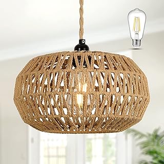 Farmhouse LED Rattan Pendant Lights, Boho Chandelier Light Fixture, Rust...