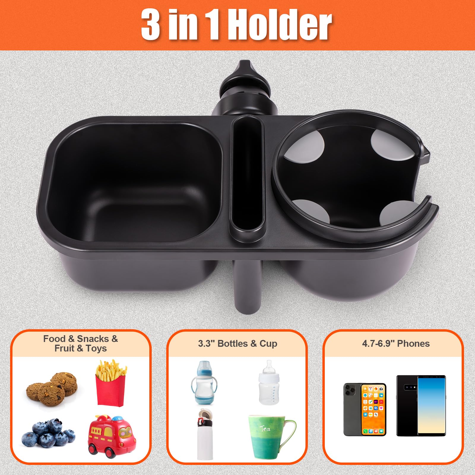 Porte-gobelet Poussette Plateau Amovible Pour Poussette - 3 En 1 (Snack, Phone, Boisson) - Rotation 360° - Noir Portacellulare Passeggino Universale