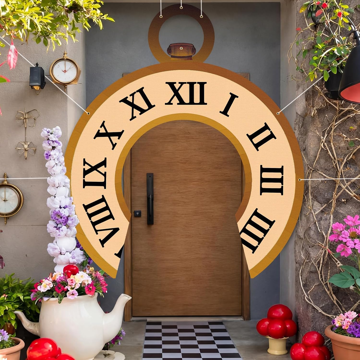 Chumia Wonderland Theme Clock Curtain Tea Party Decoration 5.5 ft Vintage Clock Door Curtain Decor Christmas Timepiece Photo Booth Props for Fairytale Tea Birthday Baby Shower Party Decoration