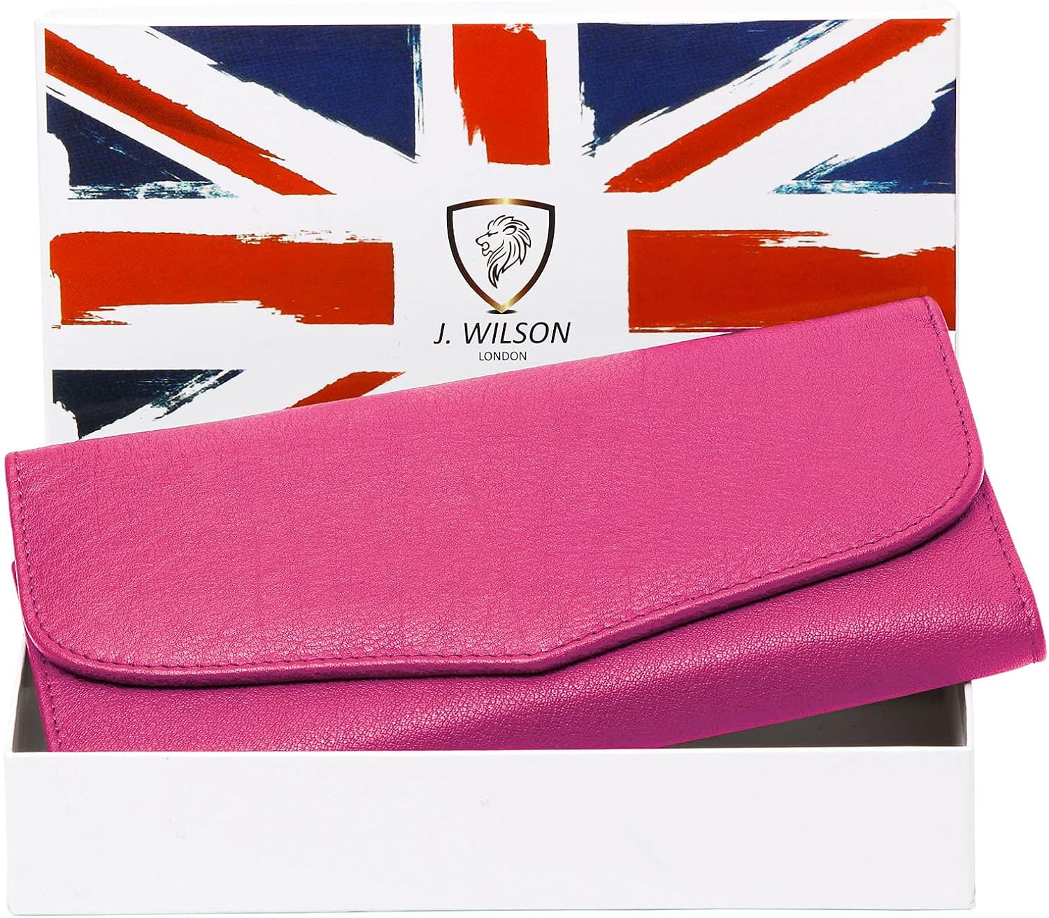 J. Wilson London Ladies RFID Safe Designer Soft Leather Purse Card Women Clutch Wallet with Zip Pocket Gift Boxed (Pink) - Image 3