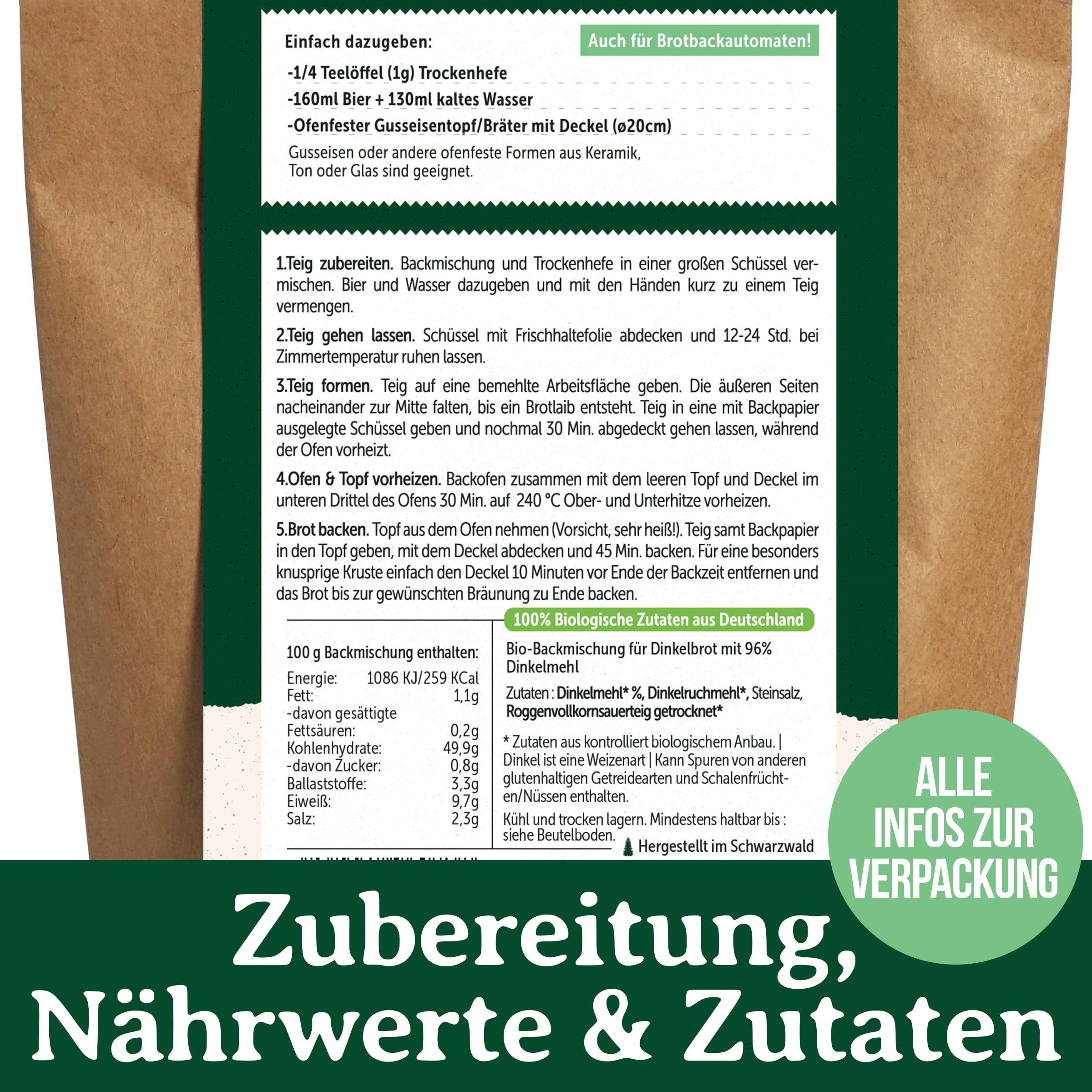 Bio Dinkel Bierbrot Backmischung – 100 % Dinkelmehl aus Bayern & Sauerteig – aromatisches Dinkelbrot mit leichter Biernote – für Brotbackautomat & Ofen – Bake with Love - 10er Pack
