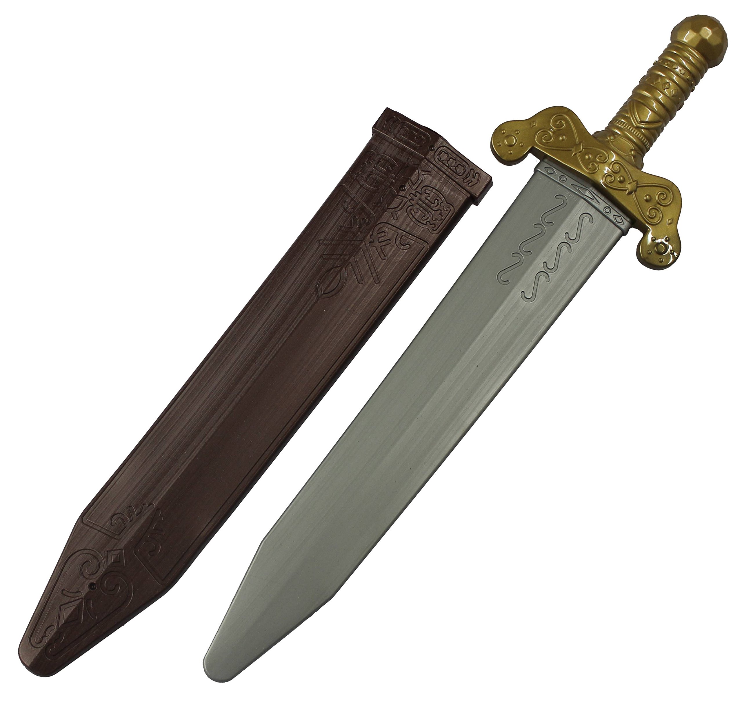 ILOVEFANCYDRESS ROMAN SWORD WITH SHEATH (GREY BLADE AND GOLD HANDLE SWORD WITH BROWN SCABBARD) - Pack of 48 -