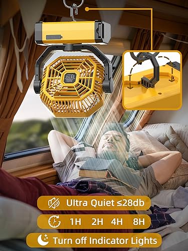 Miniatura 5 de Tent Fan - 9-Inch Battery Operated Fan for Camping - 20000mAh 60Hrs Portable Rechargeable Fan for Tent, Camping Fan with Light, Remote, 4 Speeds, 4