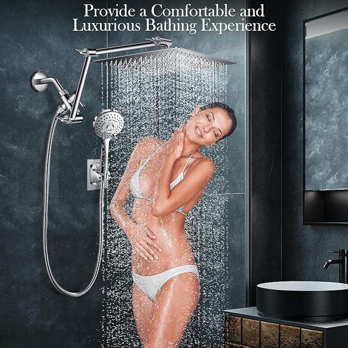 Combo de Ducha de Lluvia de 12 Pulgadas, Cabezal Alta Presión con Brazo Extensible y Ducha de Mano miniatura 7